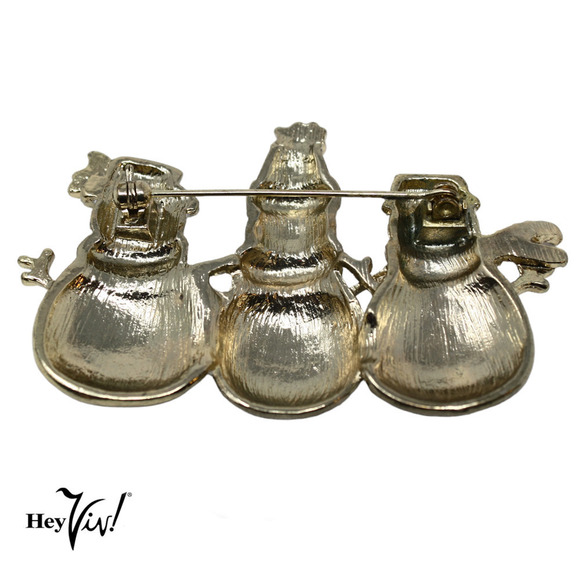 Vintage Holiday Sparkle Enamel Smiling Snowmen Trio Pin Brooch 2.5" - Hey Viv - Picture 3 of 6